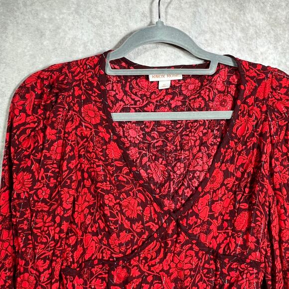 Knox Rose Blouse Womens XS Red Floral Long Sleeves V-Neck Boho 90s Retro Y2K - Picture 2 of 9
